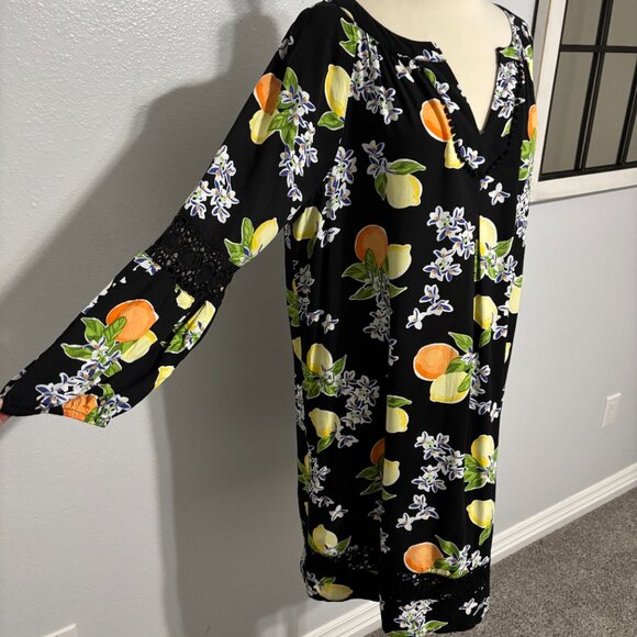 Crown & Ivy XL Black Citrus Lemons Oranges Boho Dress Pom Trim Crochet Rayon - Picture 3 of 15